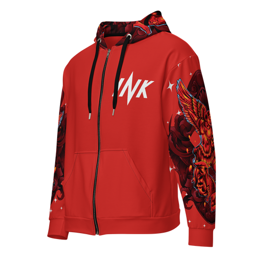 "Saint Michael the Archangel" Iconic Zip hoodie in Crimson Red with Stars