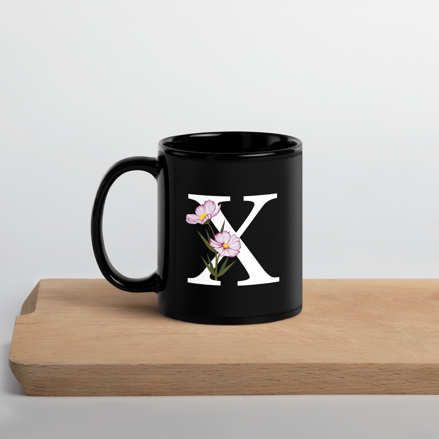 Stylish Glossy Ceramic Mug with Minimalist Initial 'X' with Flowers motif