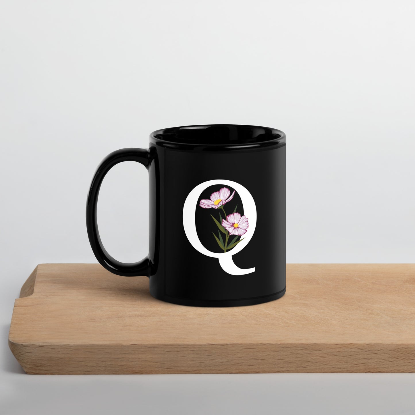 Stylish Glossy Ceramic Mug with Minimalist Initial 'Q' with Flowers motif