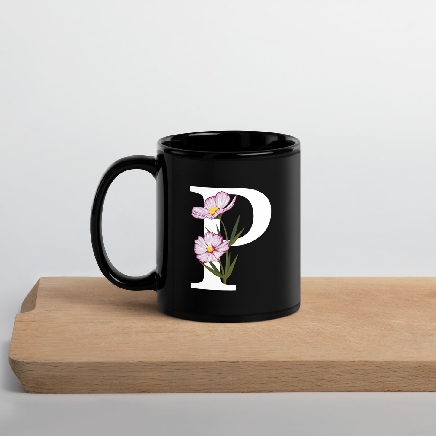 Stylish Glossy Ceramic Mug with Minimalist Initial 'P' with Flowers motif