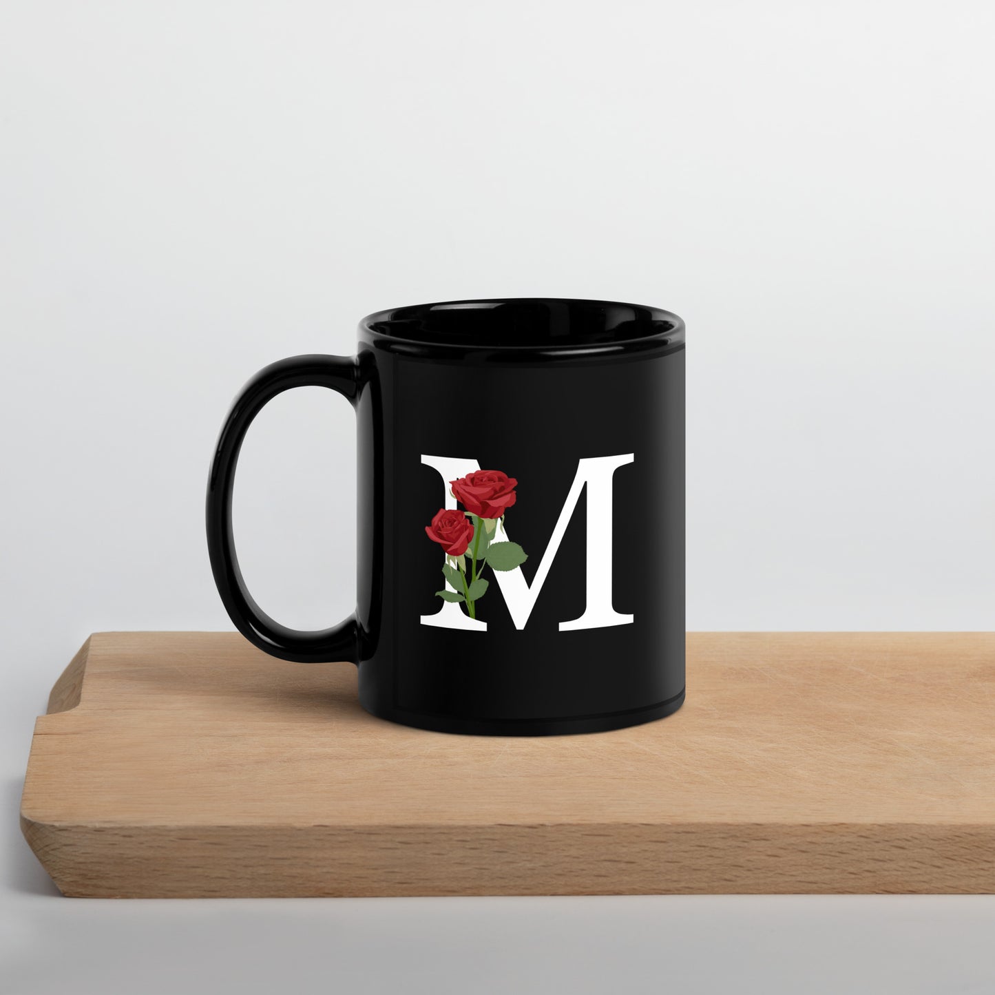 Stylish Glossy Ceramic Mug with Minimalist Initial 'M' with Roses motif