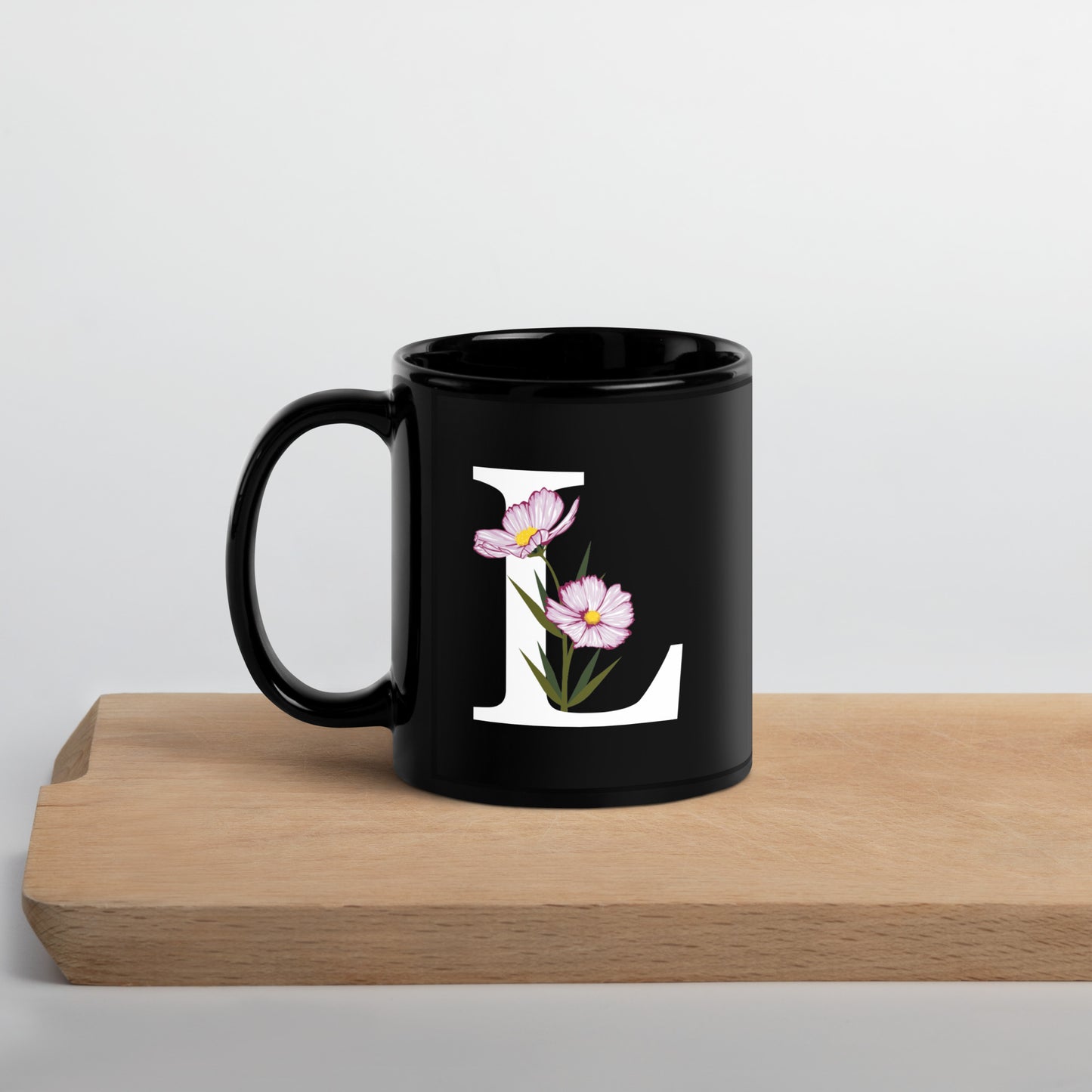 Stylish Glossy Ceramic Mug with Minimalist Initial 'L' with Flowers motif