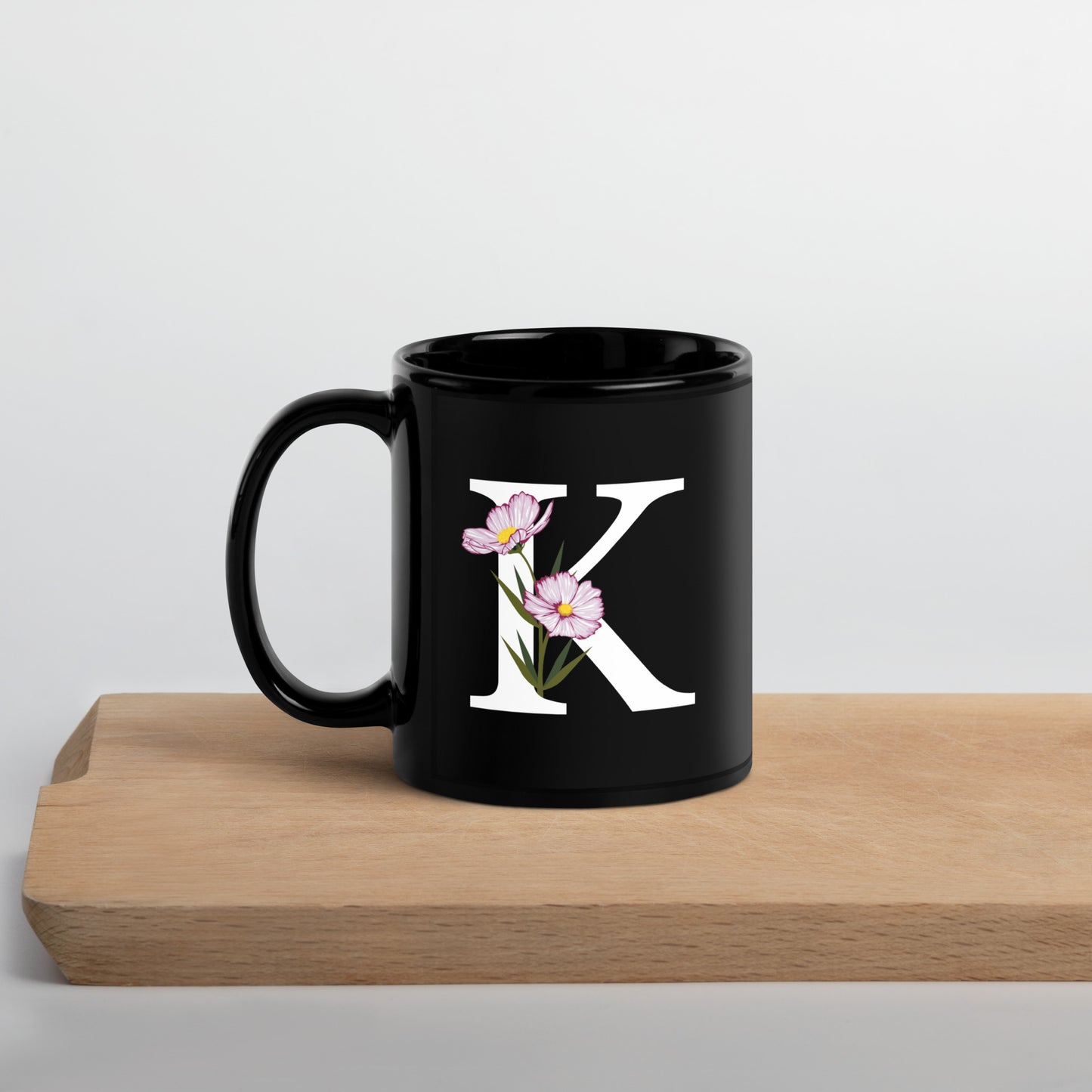 Stylish Glossy Ceramic Mug with Minimalist Initial 'K' with Flowers motif