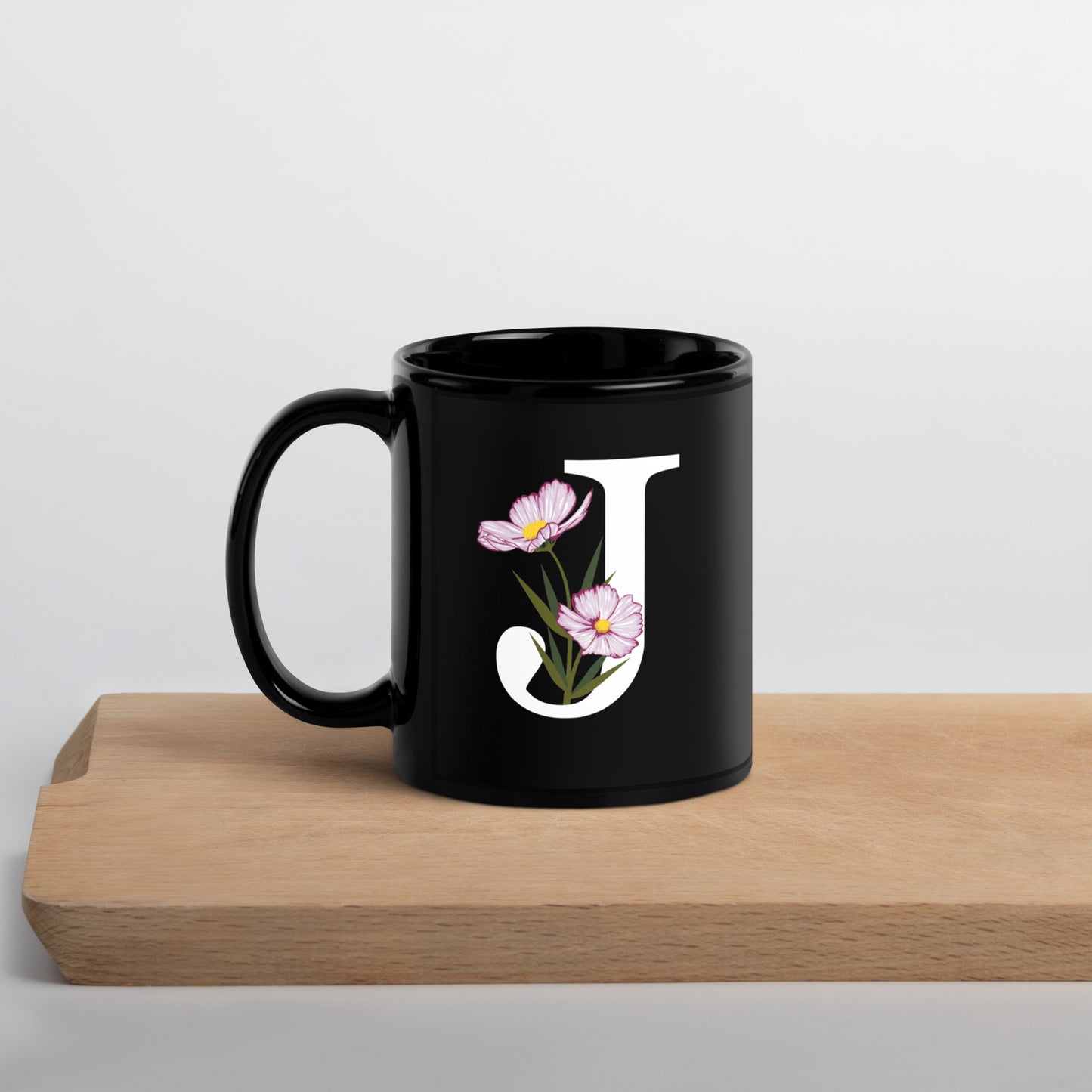 Stylish Glossy Ceramic Mug with Minimalist Initial 'J' with Flowers motif