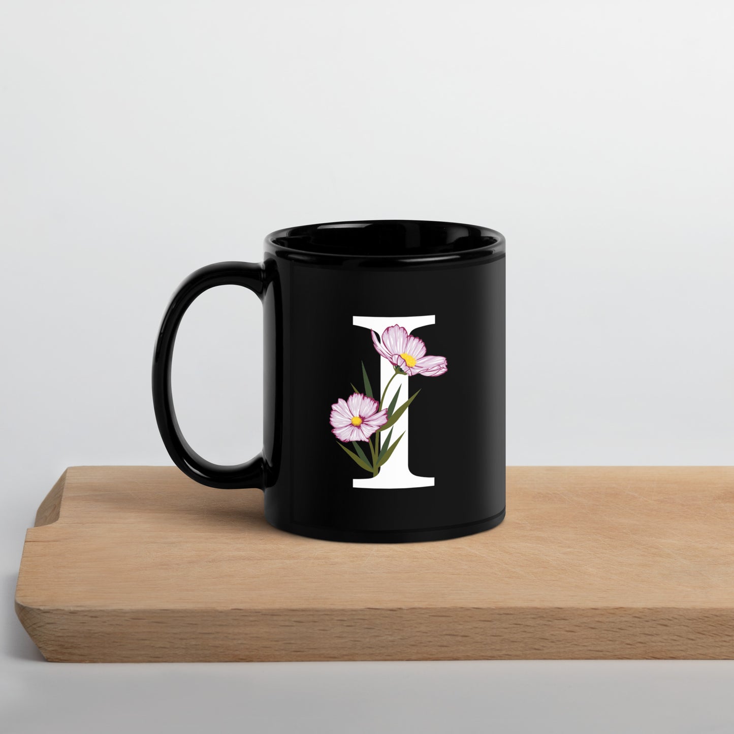 Stylish Glossy Ceramic Mug with Minimalist Initial 'I' with Flowers motif