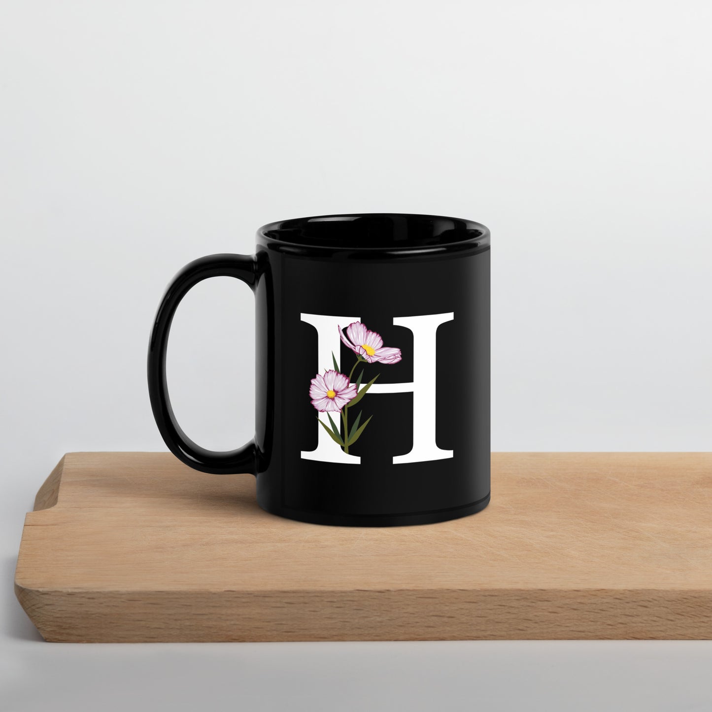 Stylish Glossy Ceramic Mug with Minimalist Initial 'H' with Flowers motif