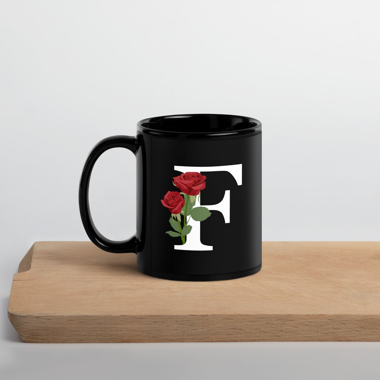 Stylish Glossy Ceramic Mug with Minimalist Initial 'F' with Roses motif