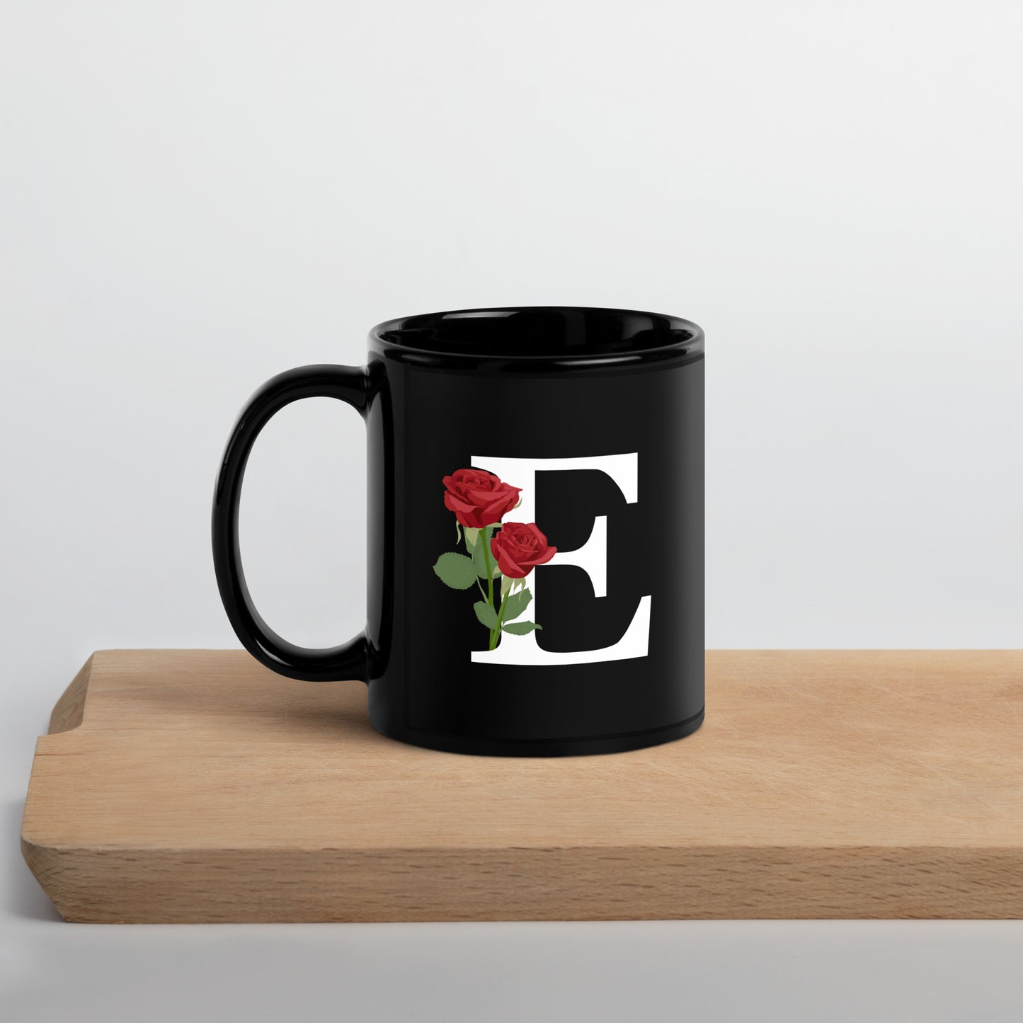 Stylish Glossy Ceramic Mug with Minimalist Initial 'E' with Roses motif