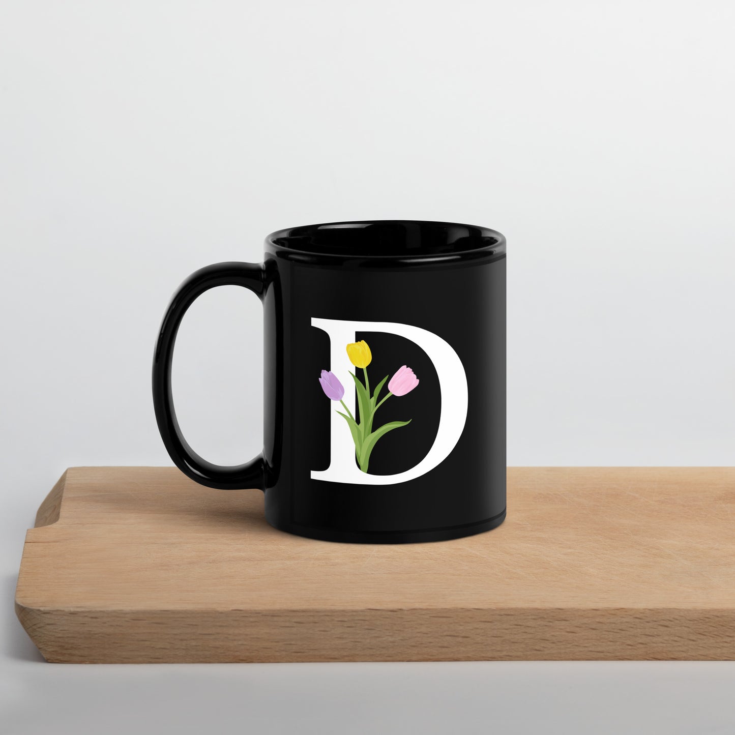 Stylish Glossy Ceramic Mug with Minimalist Initial 'D' with Tulips motif