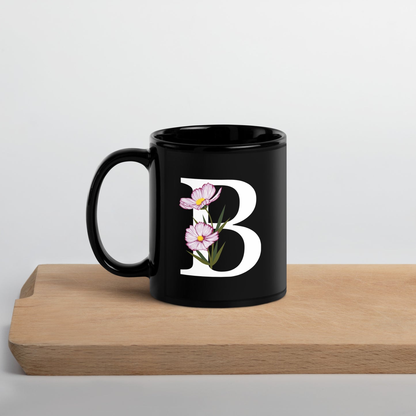 Stylish Glossy Ceramic Mug with Minimalist Initial 'B' with Flowers motif