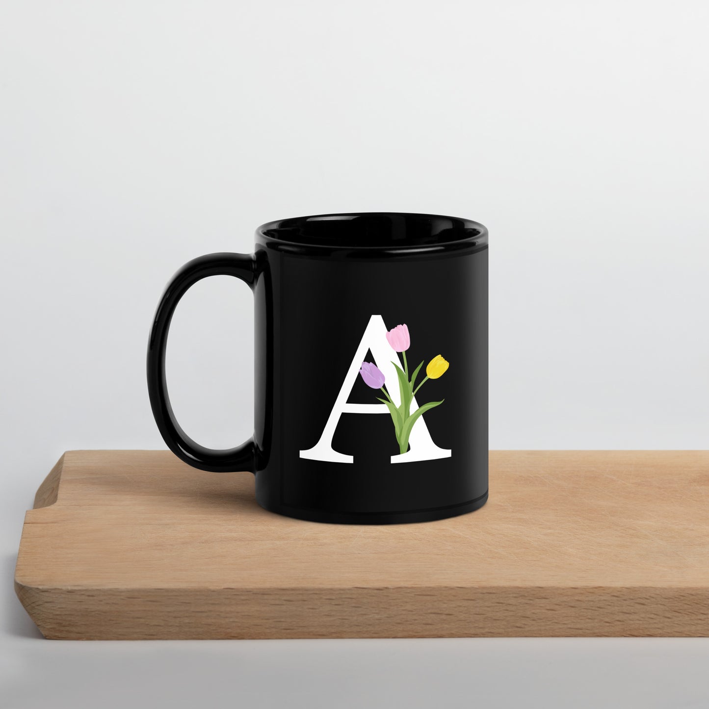 Stylish Glossy Ceramic Mug with Minimalist Initial 'A' with Tulips motif