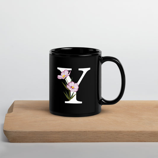 Stylish Glossy Ceramic Mug with Minimalist Initial 'Y' with Flowers motif