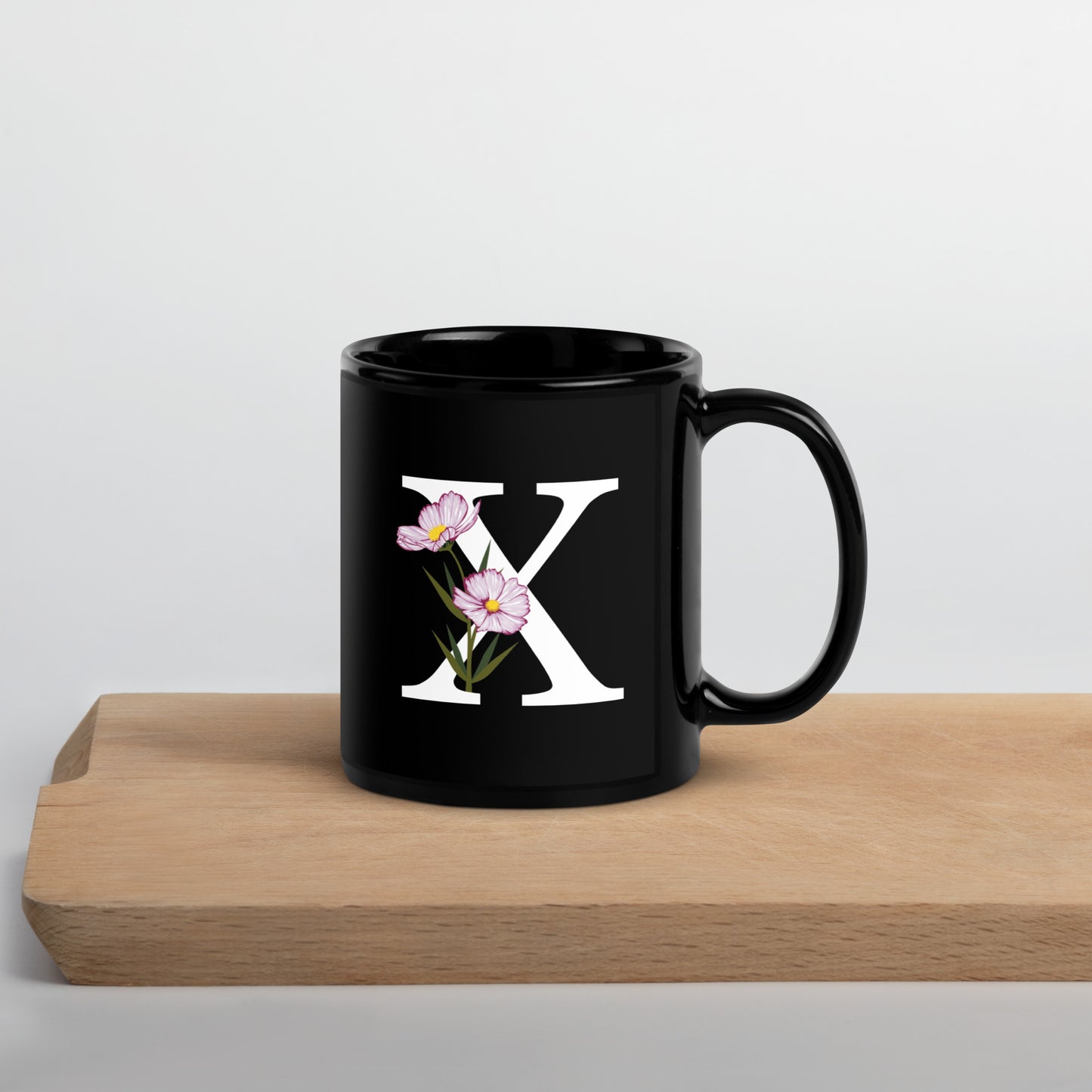 Stylish Glossy Ceramic Mug with Minimalist Initial 'X' with Flowers motif