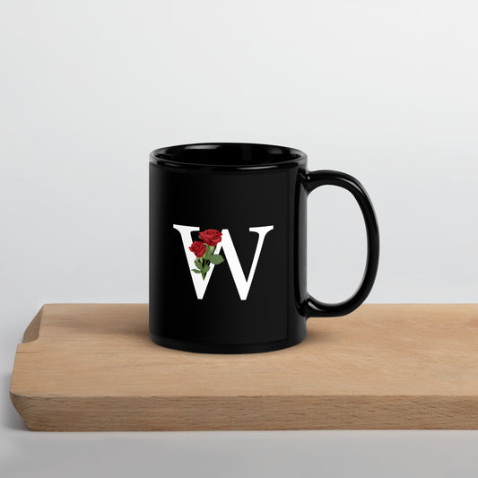 Stylish Glossy Ceramic Mug with Minimalist Initial 'W' with Roses motif