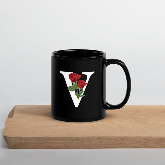 Stylish Glossy Ceramic Mug with Minimalist Initial 'V' with Roses motif