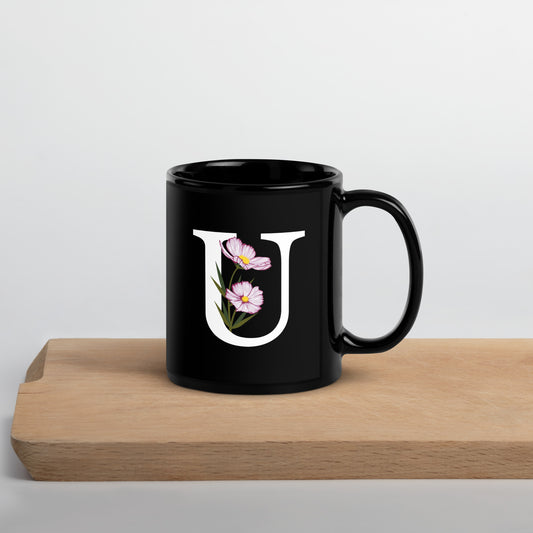 Stylish Glossy Ceramic Mug with Minimalist Initial 'U' with Flowers motif