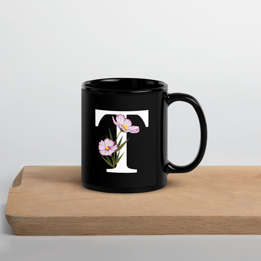 Stylish Glossy Ceramic Mug with Minimalist Initial 'T' with Flowers motif