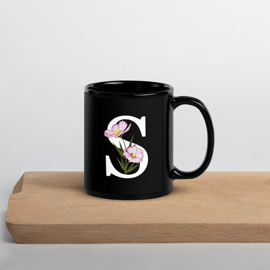 Stylish Glossy Ceramic Mug with Minimalist Initial 'S' with Flowers motif