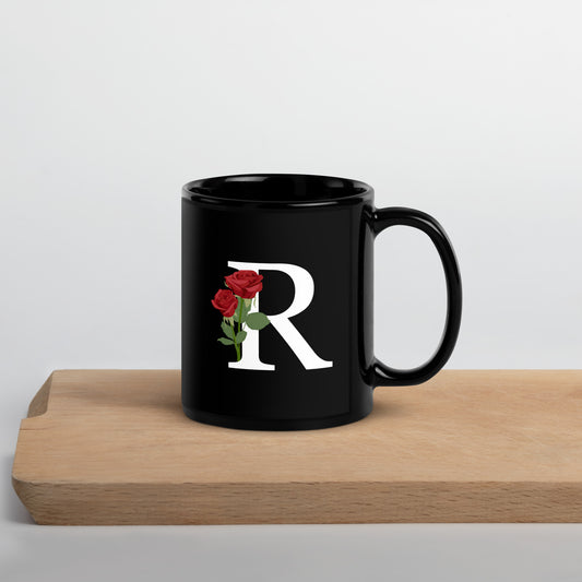 Stylish Glossy Ceramic Mug with Minimalist Initial 'R' with Roses motif