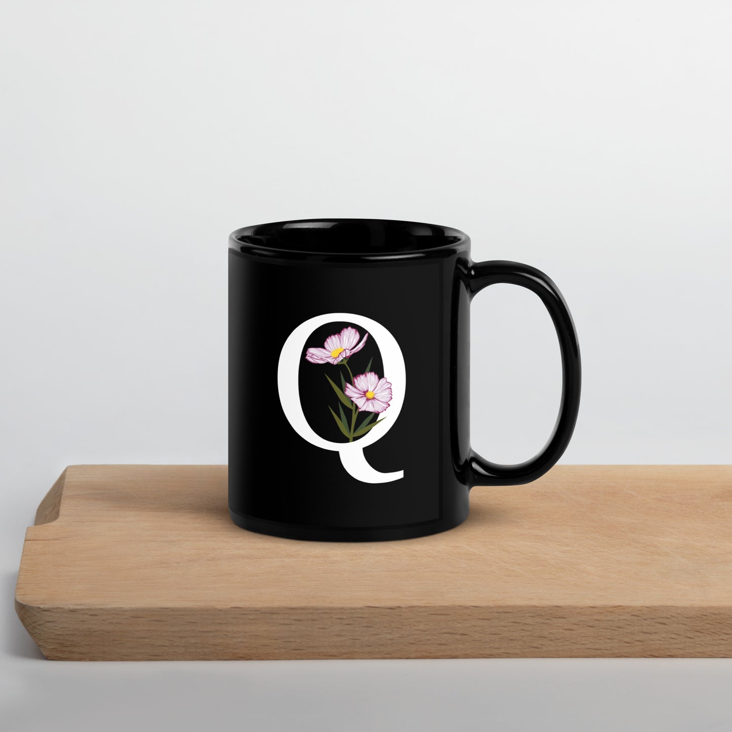 Stylish Glossy Ceramic Mug with Minimalist Initial 'Q' with Flowers motif