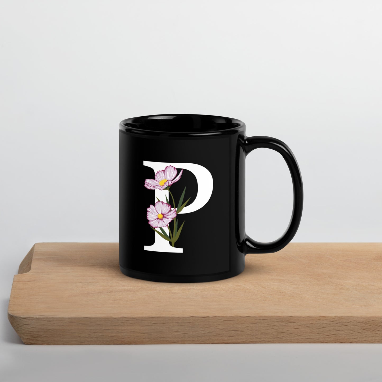 Stylish Glossy Ceramic Mug with Minimalist Initial 'P' with Flowers motif