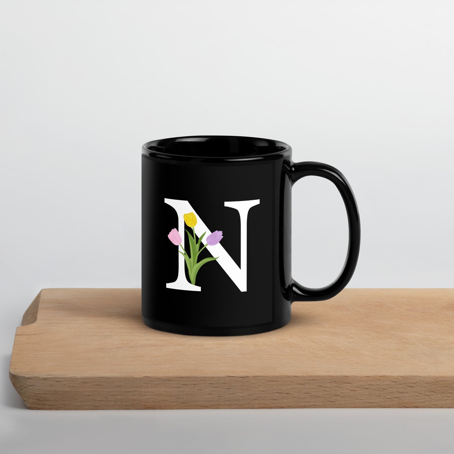 Stylish Glossy Ceramic Mug with Minimalist Initial 'N' with Tulips motif