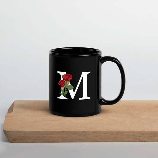 Stylish Glossy Ceramic Mug with Minimalist Initial 'M' with Roses motif