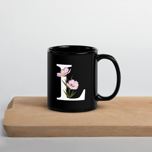 Stylish Glossy Ceramic Mug with Minimalist Initial 'L' with Flowers motif