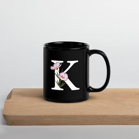 Stylish Glossy Ceramic Mug with Minimalist Initial 'K' with Flowers motif