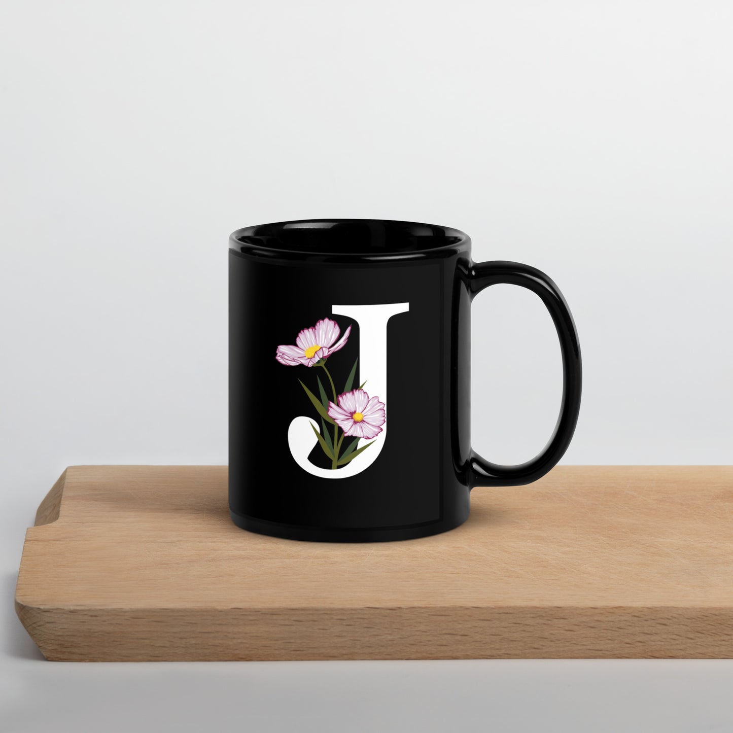 Stylish Glossy Ceramic Mug with Minimalist Initial 'J' with Flowers motif