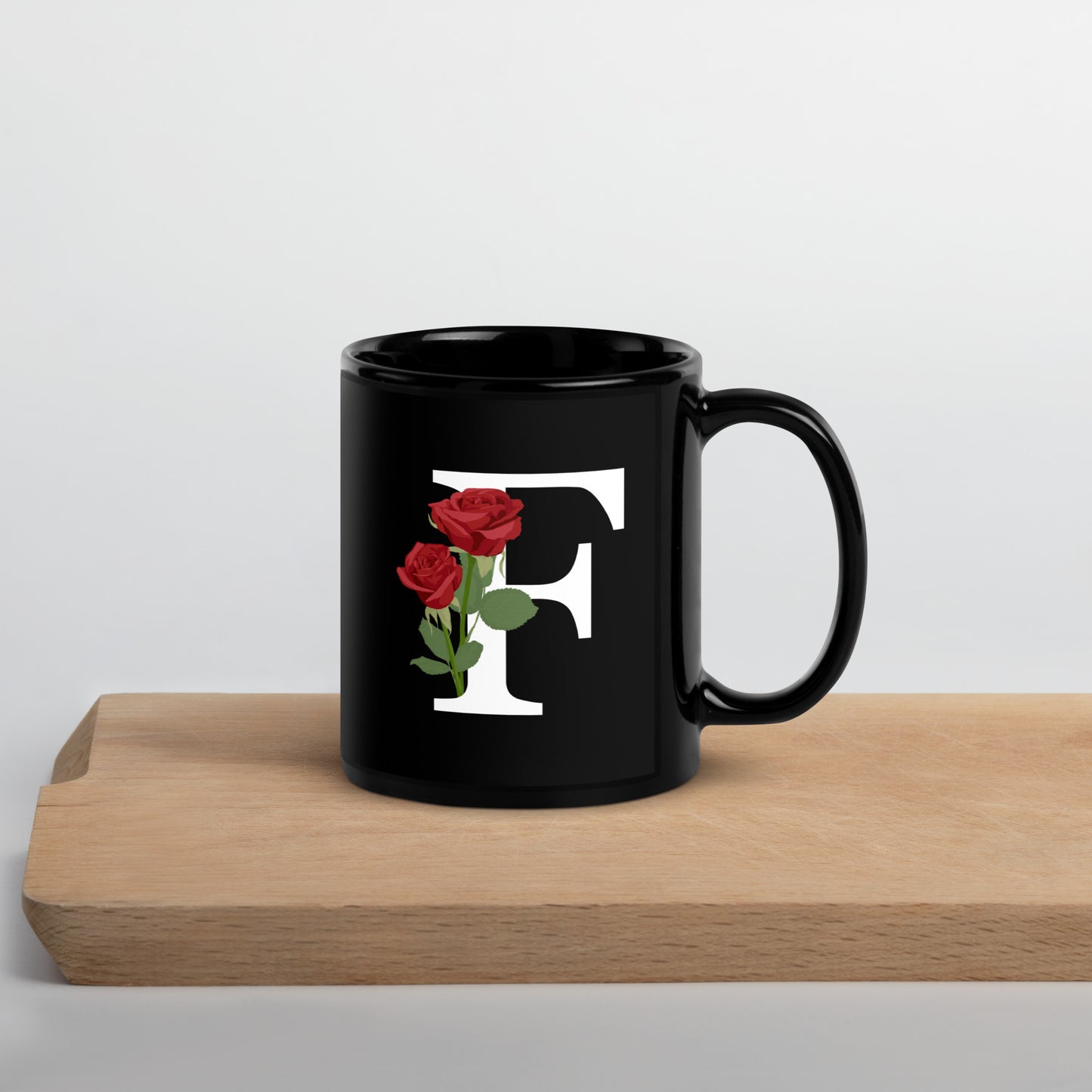 Stylish Glossy Ceramic Mug with Minimalist Initial 'F' with Roses motif