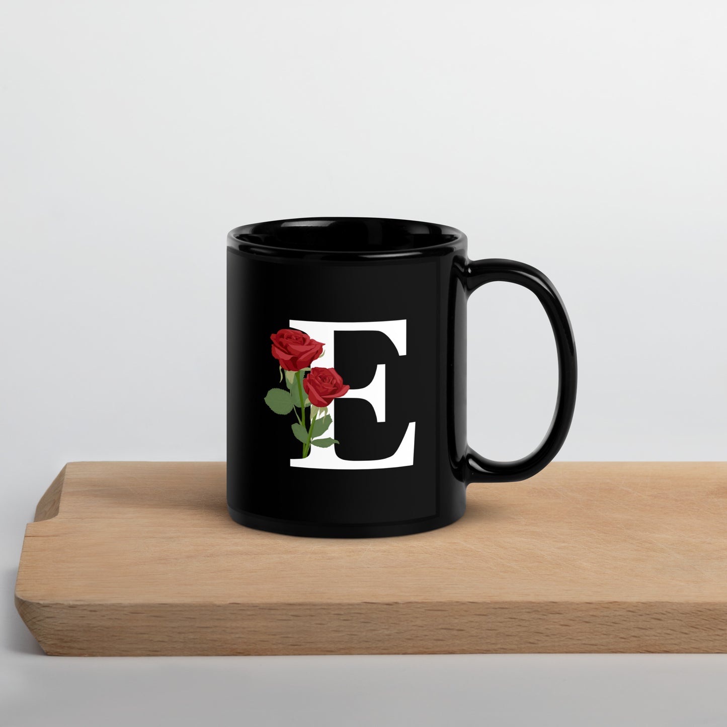 Stylish Glossy Ceramic Mug with Minimalist Initial 'E' with Roses motif