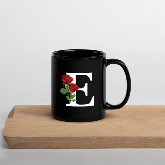 Stylish Glossy Ceramic Mug with Minimalist Initial 'E' with Roses motif