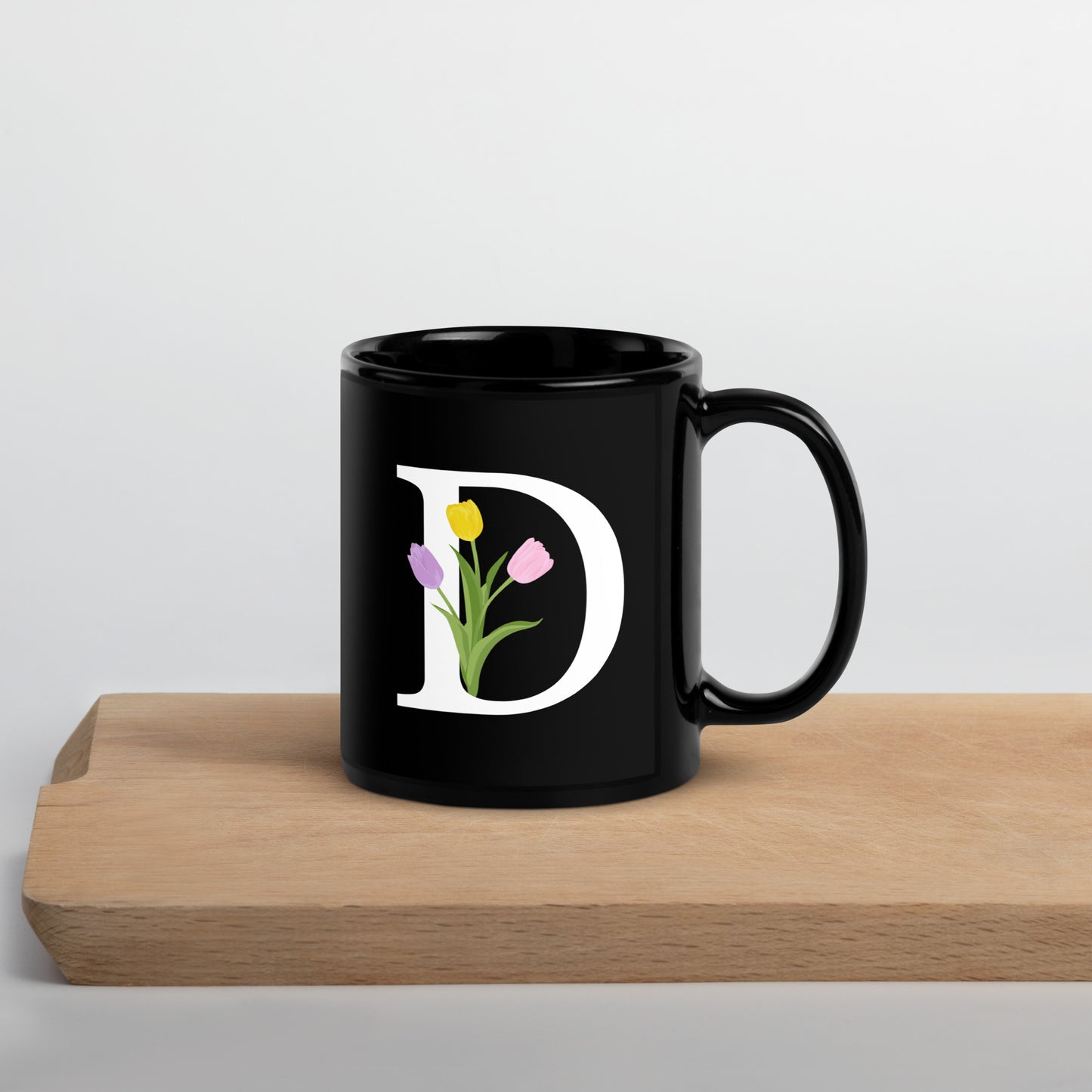 Stylish Glossy Ceramic Mug with Minimalist Initial 'D' with Tulips motif