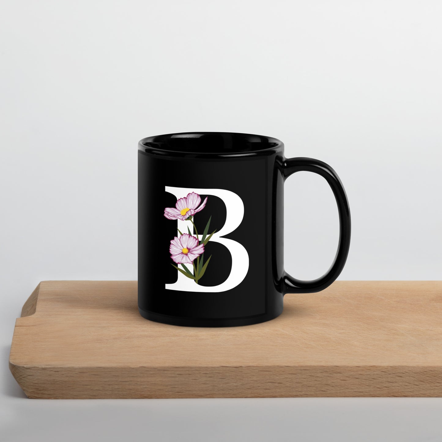 Stylish Glossy Ceramic Mug with Minimalist Initial 'B' with Flowers motif