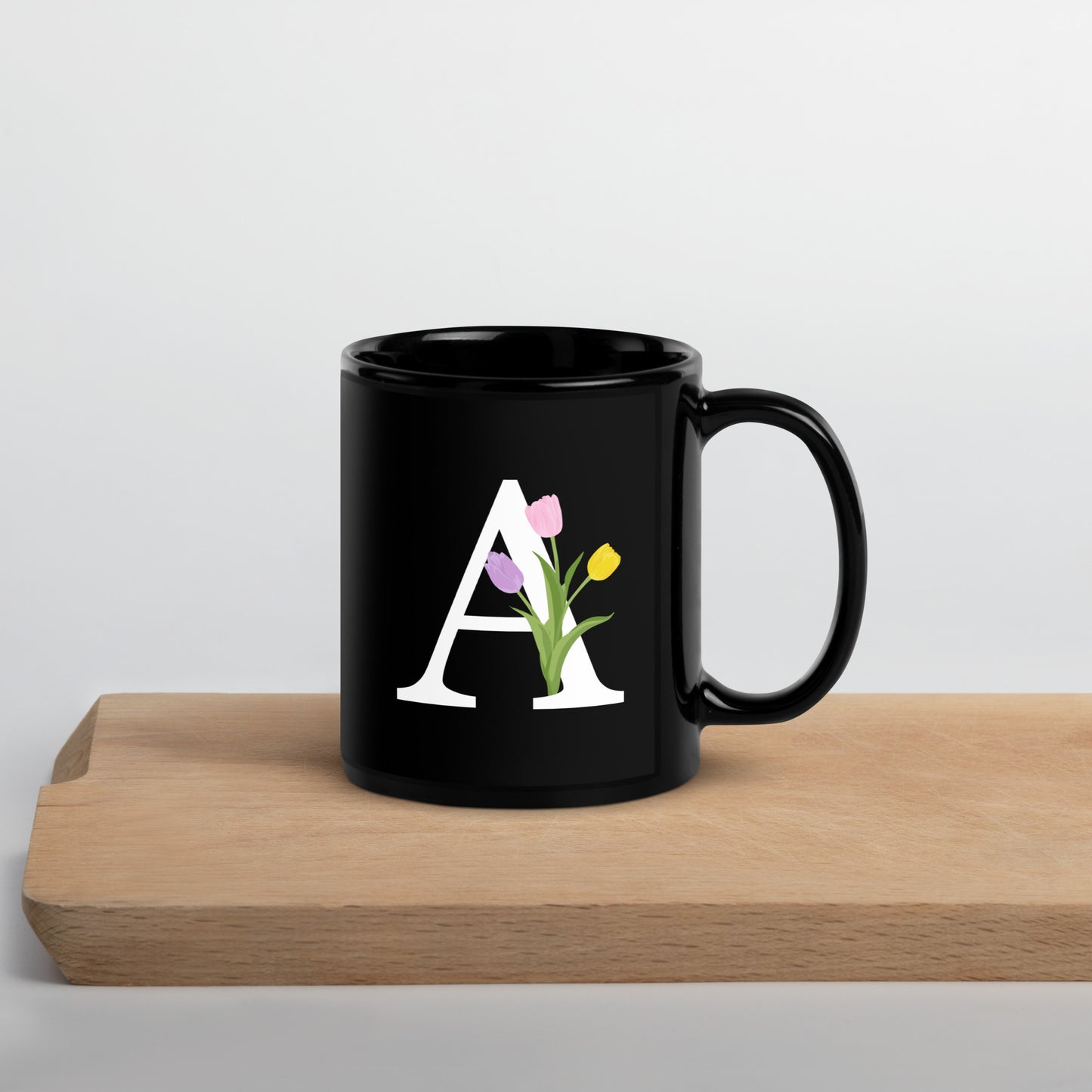 Stylish Glossy Ceramic Mug with Minimalist Initial 'A' with Tulips motif