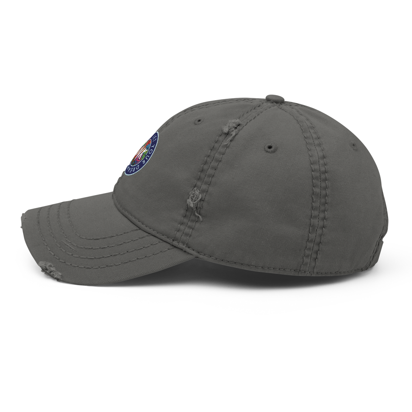 Distressed Faded Dad Hat with "Let Your Dreams Blossom" design