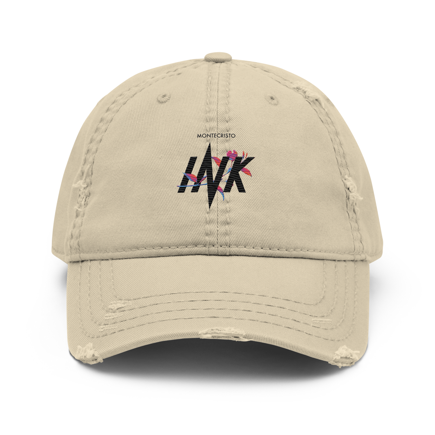 Distressed Faded Dad Hat with "Montecristo Ink Floral" motif