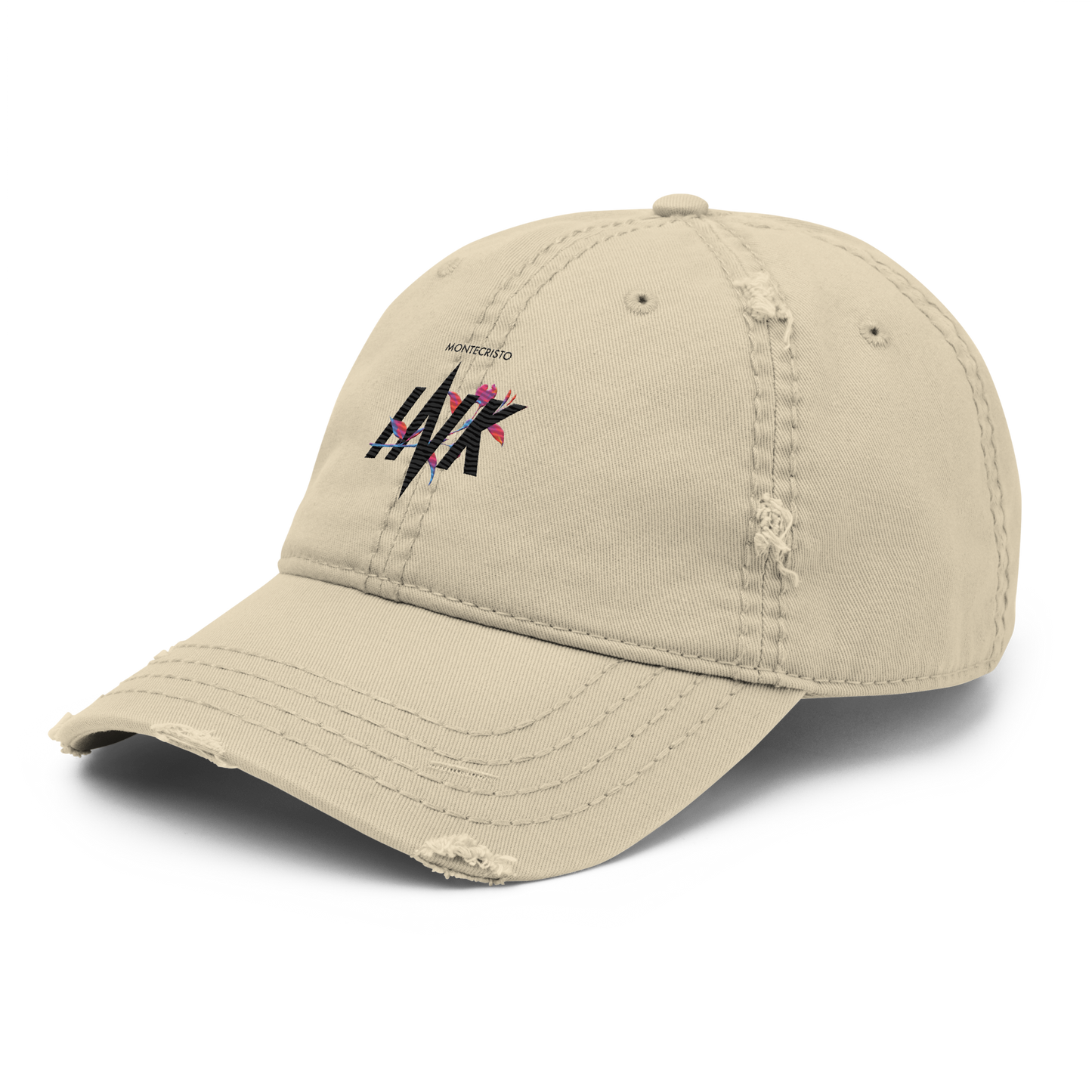 Distressed Faded Dad Hat with "Montecristo Ink Floral" motif