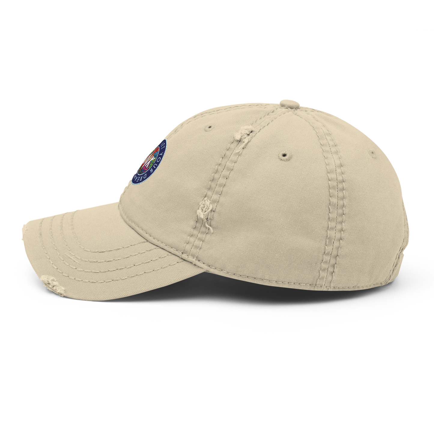 Distressed Faded Dad Hat with "Let Your Dreams Blossom" design