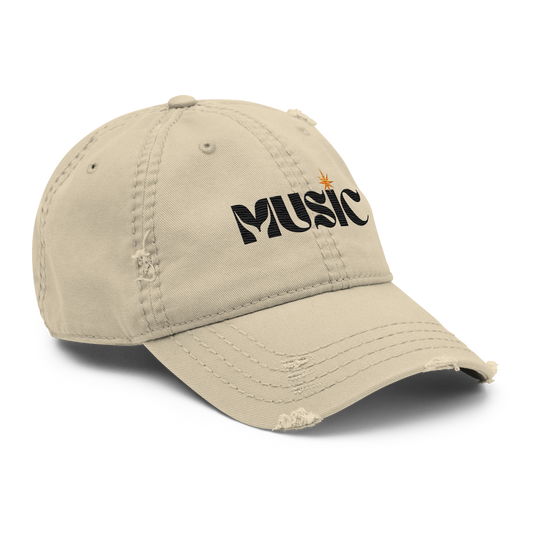 Distressed Faded Dad Hat with "Music" motif