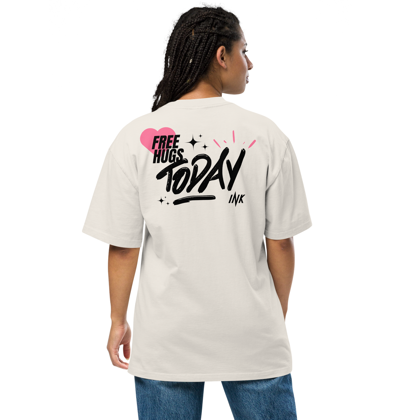 Oversized Retro Faded Tee with "Free Hugs Today" design