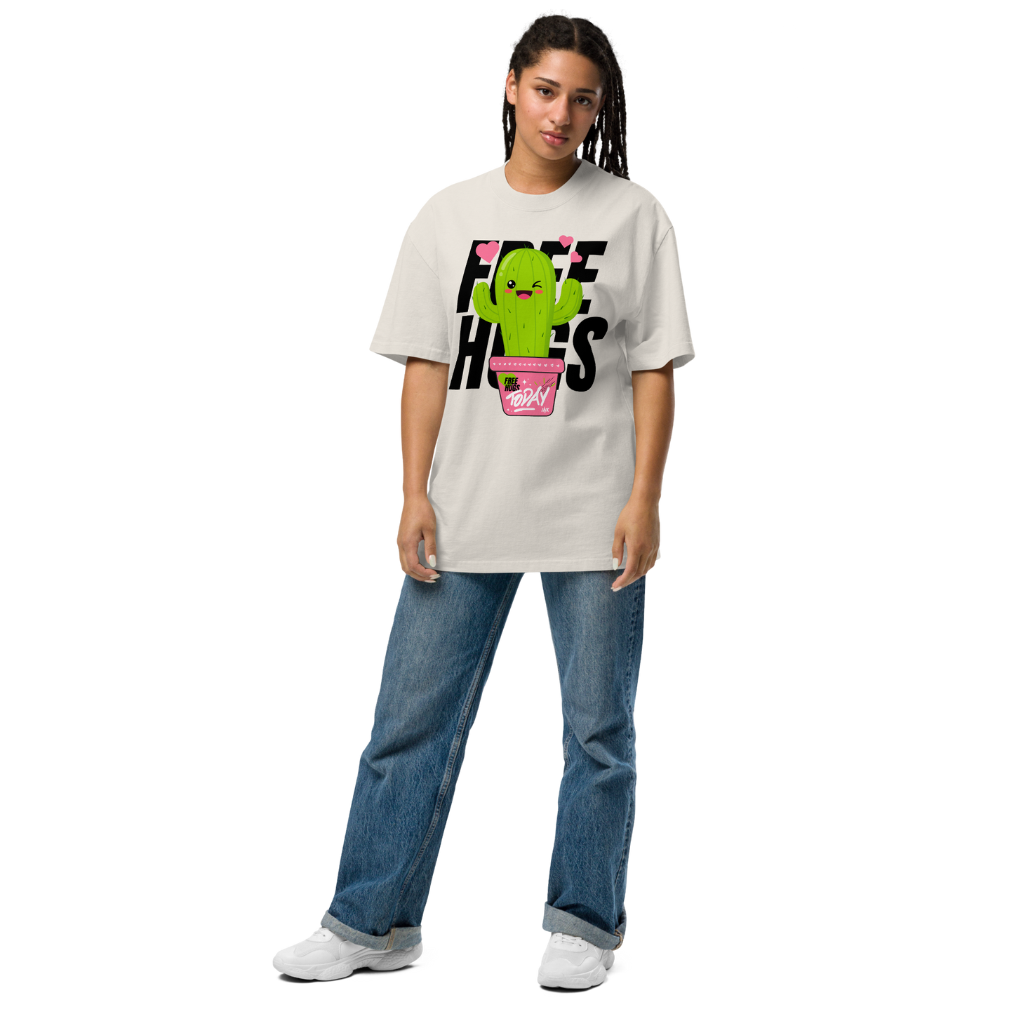 Oversized Retro Faded Tee with "Free Hugs Today" design