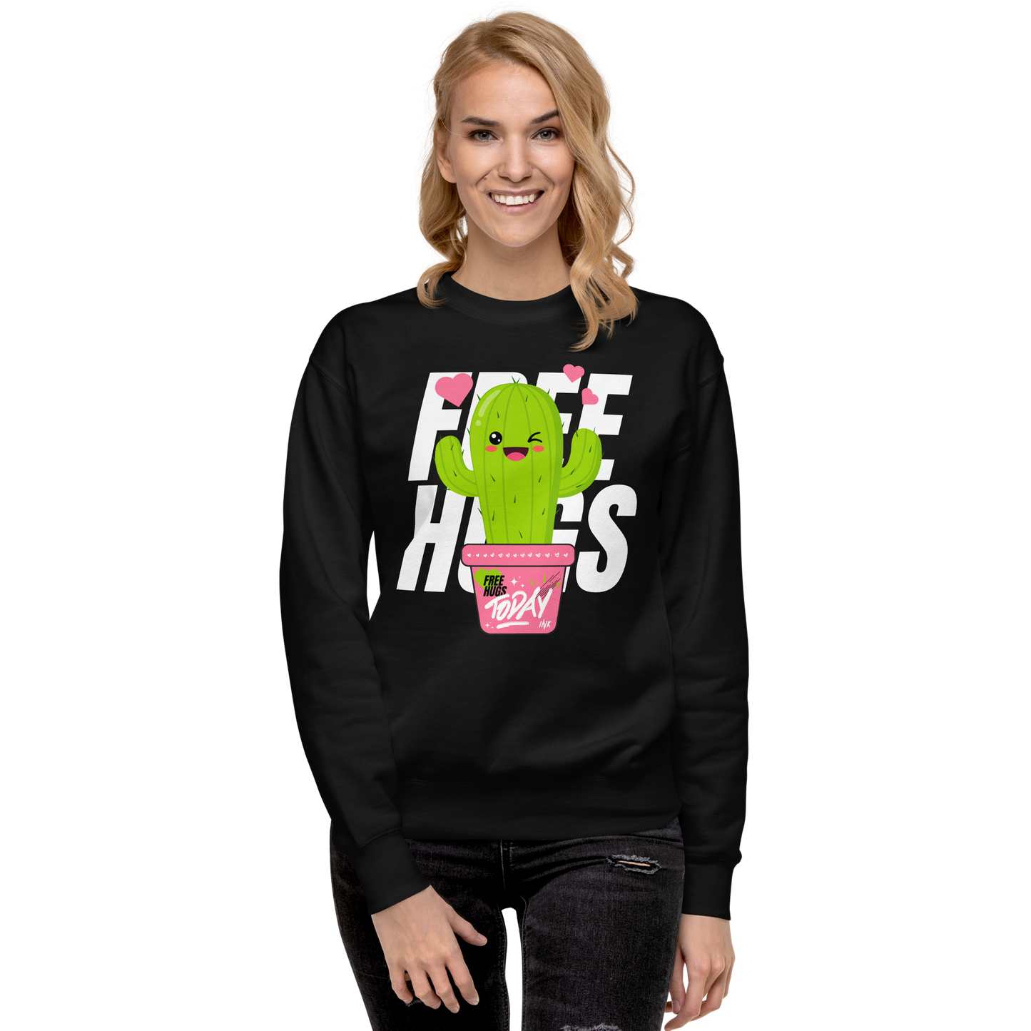 Essential Stylish Crewneck Premium Sweatshirt with "Free Hugs Today" design