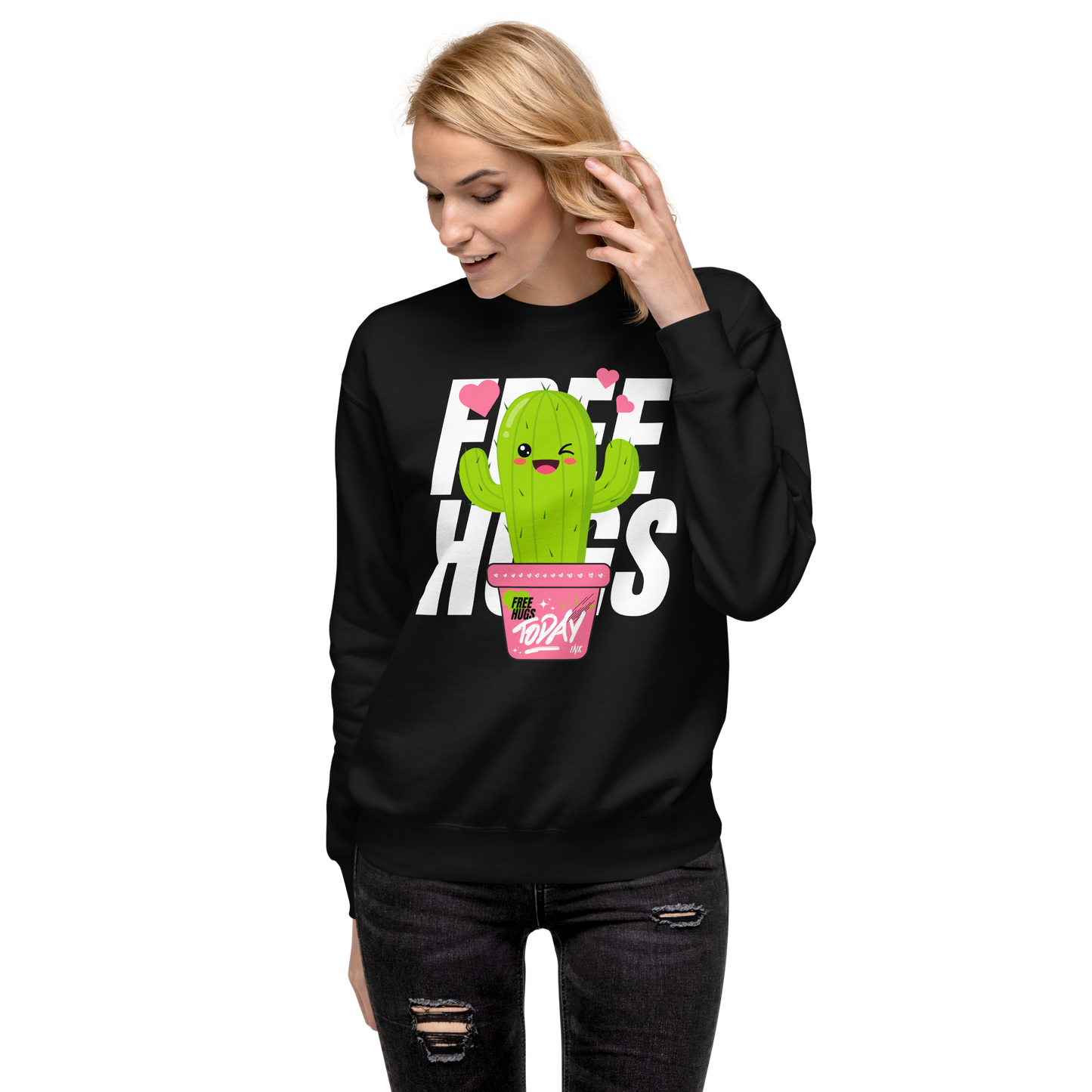 Essential Stylish Crewneck Premium Sweatshirt with "Free Hugs Today" design