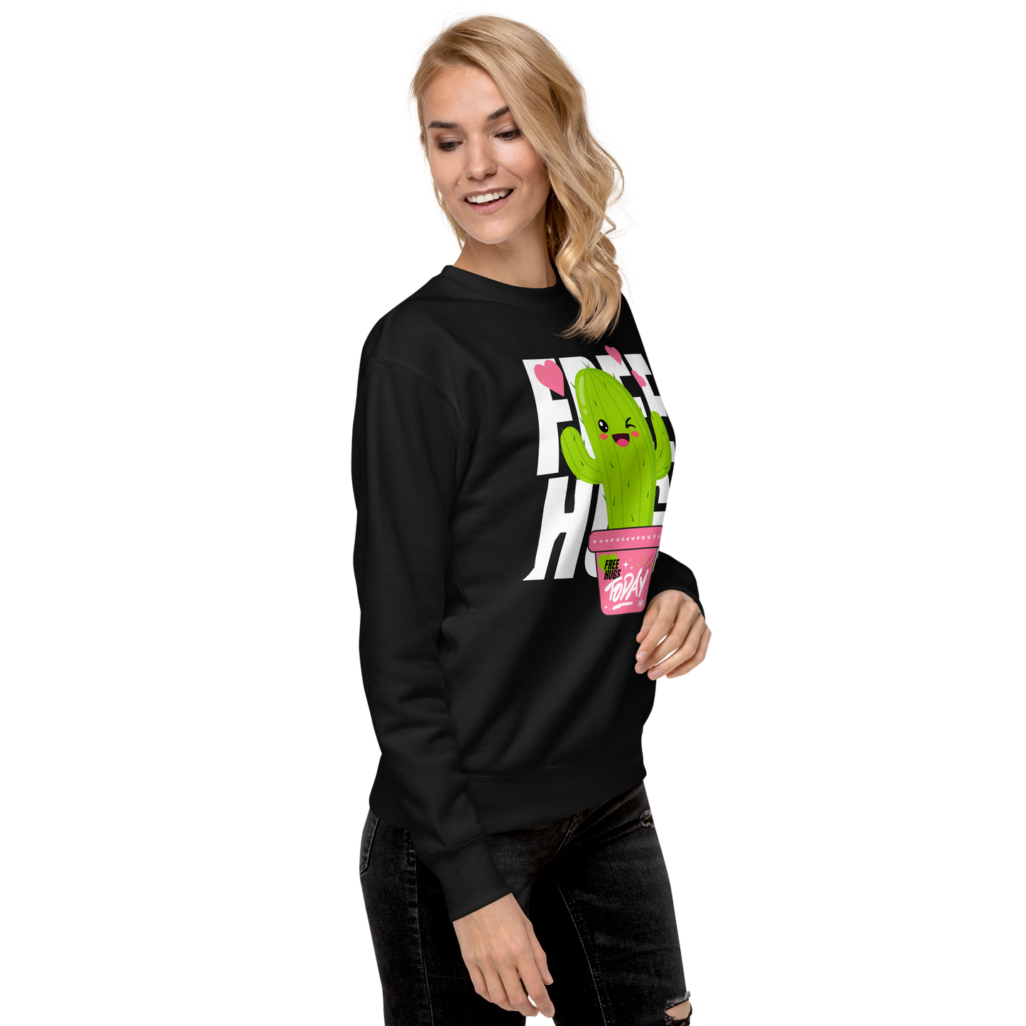 Essential Stylish Crewneck Premium Sweatshirt with "Free Hugs Today" design