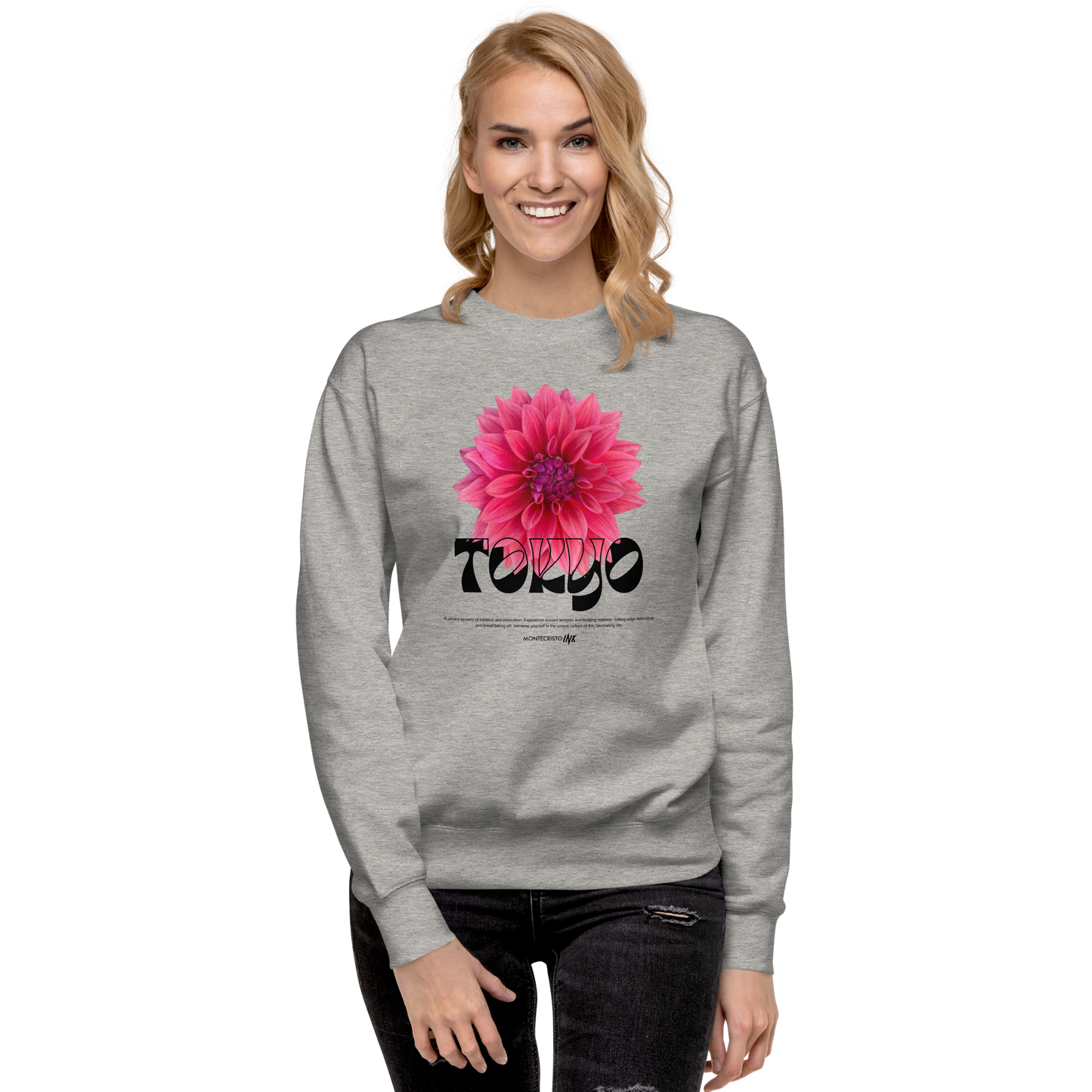 Essential Stylish Crewneck Premium Sweatshirt with “Tokyo - Pink Dahlia” motif