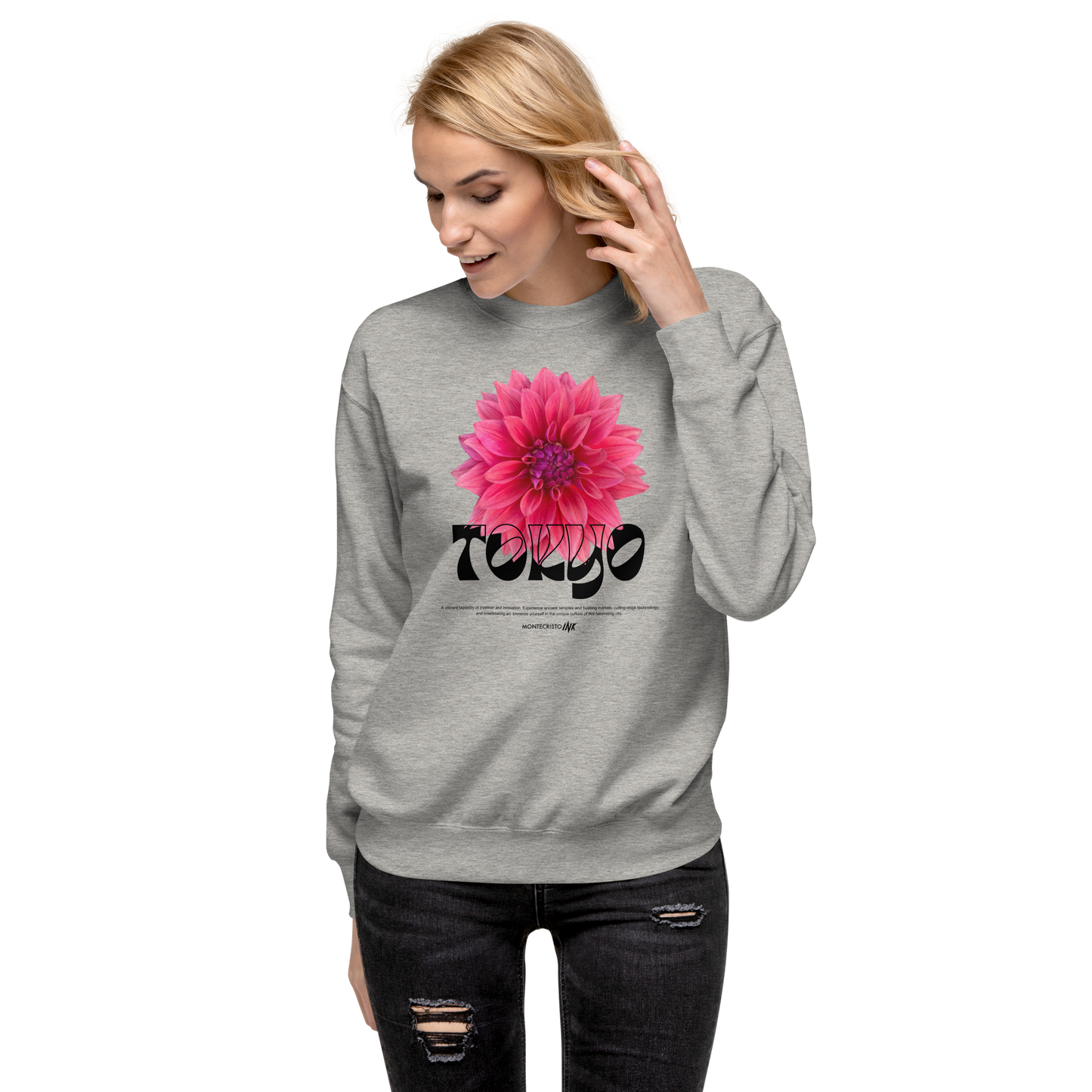 Essential Stylish Crewneck Premium Sweatshirt with “Tokyo - Pink Dahlia” motif