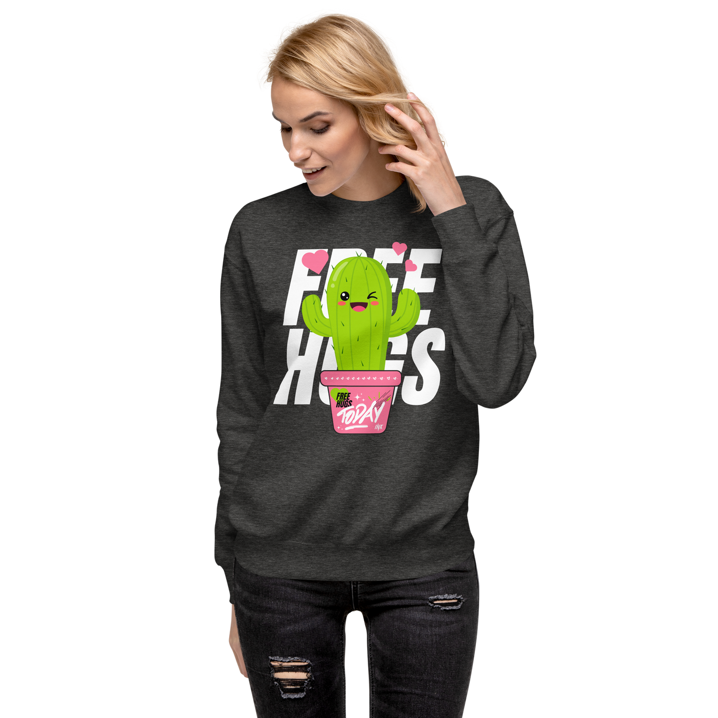 Essential Stylish Crewneck Premium Sweatshirt with "Free Hugs Today" design