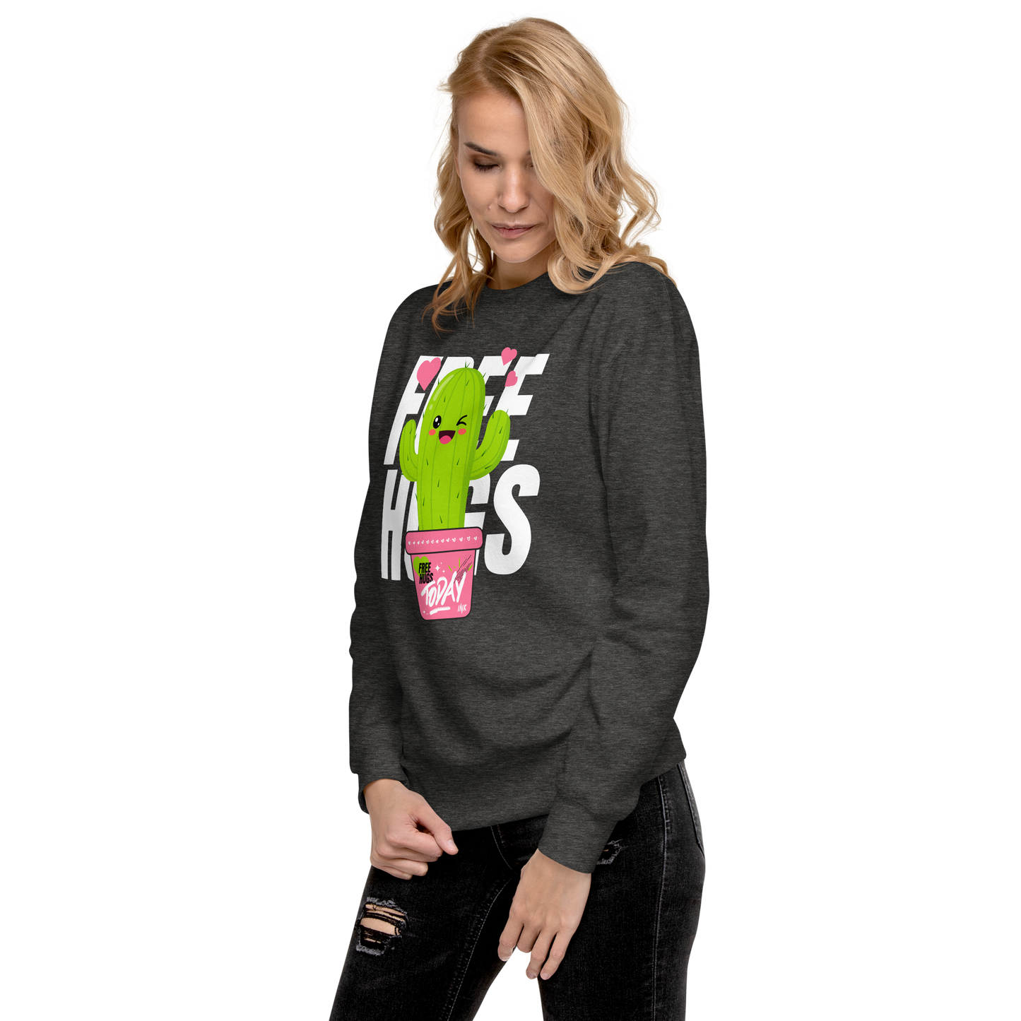 Essential Stylish Crewneck Premium Sweatshirt with "Free Hugs Today" design